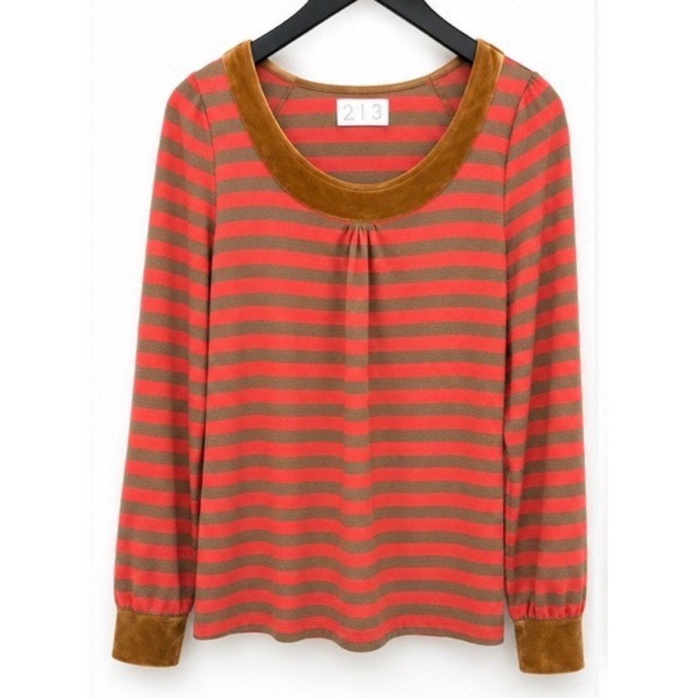 213 Red Brown Striped Wool Blend Top Velvet Trim Scoop Neck M-611 Medium